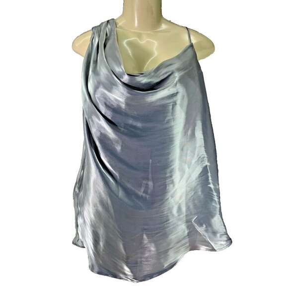 Free People XL Silver Metallic Shimmer Satin Lined Draped One Shoulder Blouse - Picture 2 of 7